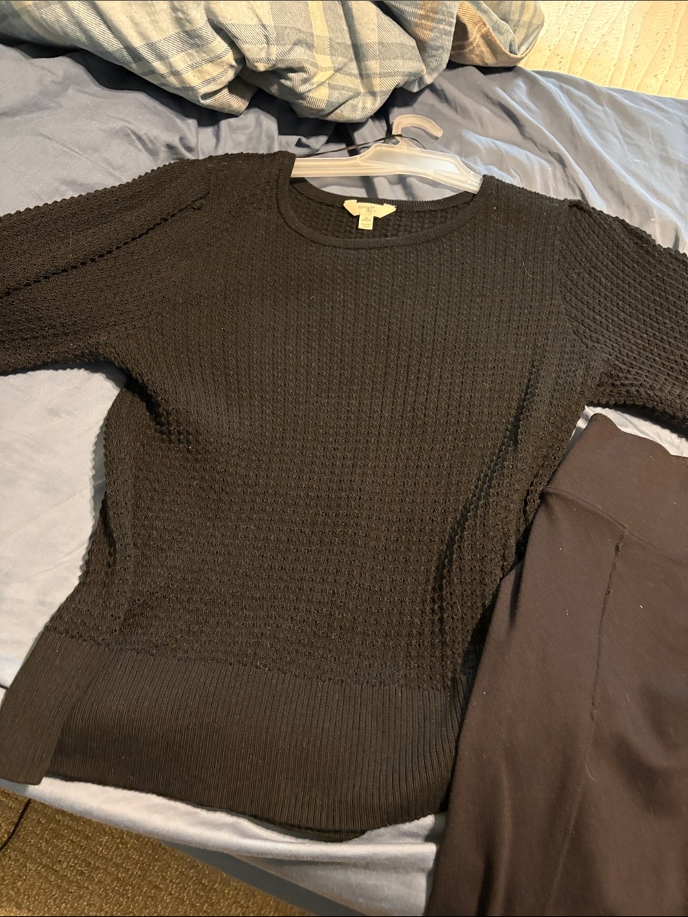 Black Textured Knit Sweater Classic Crew Neck black leggings and sleeveless top - Picture 5 of 16